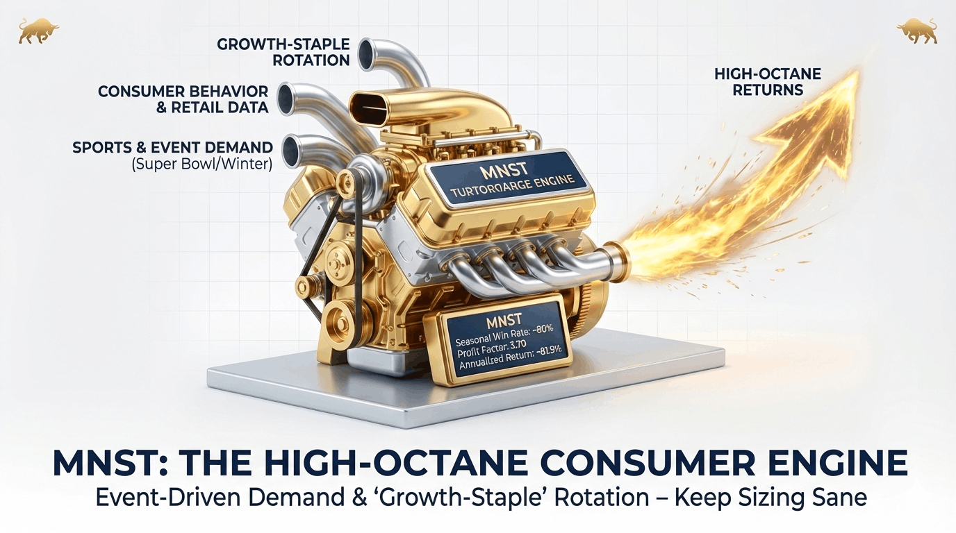 Monster Beverage (MNST) seasonal setup illustration featuring a high-octane golden engine, representing event-driven consumer demand and growth rotation.