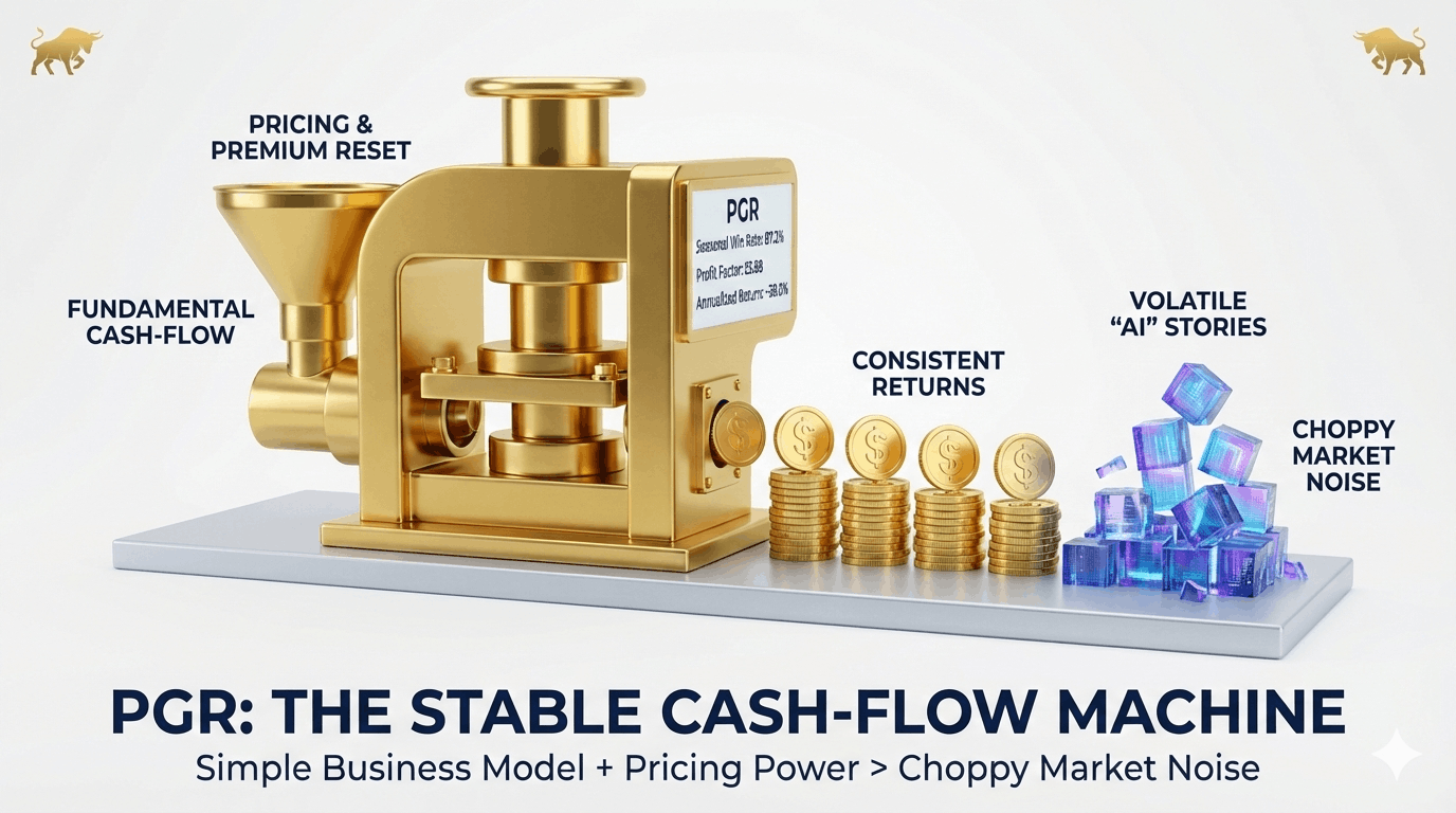 Progressive Corp (PGR) stock illustration showing a stable golden cash-flow press, highlighting pricing power and stability against choppy market noise.