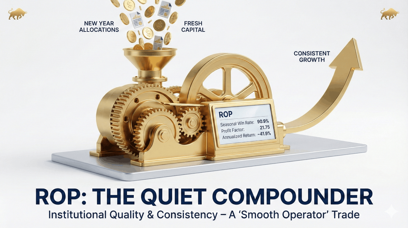 Roper Technologies (ROP) seasonal analysis depicting a steady golden compounding machine, representing consistent institutional growth and high win rates.