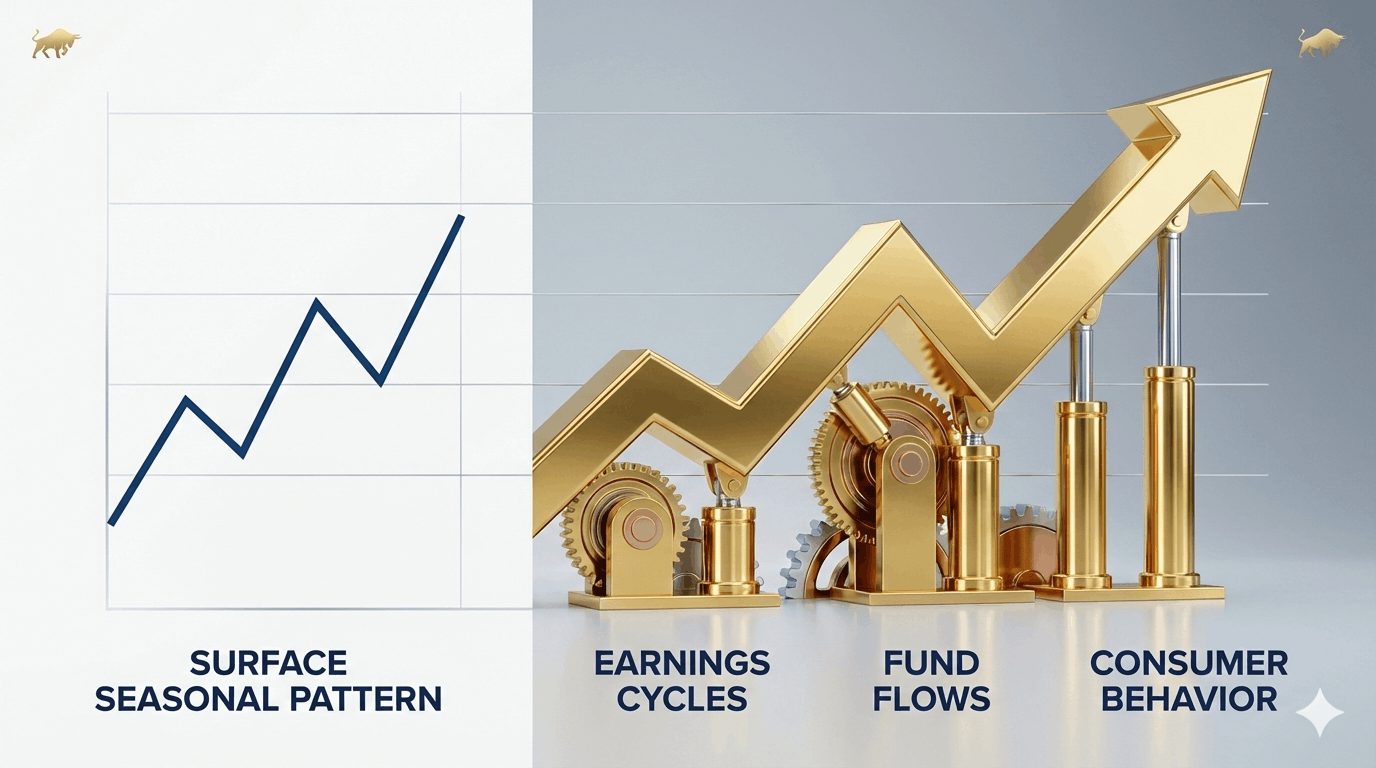 Conceptual illustration of stock market seasonality showing the hidden fundamental drivers (earnings, fund flows) behind surface-level price patterns.