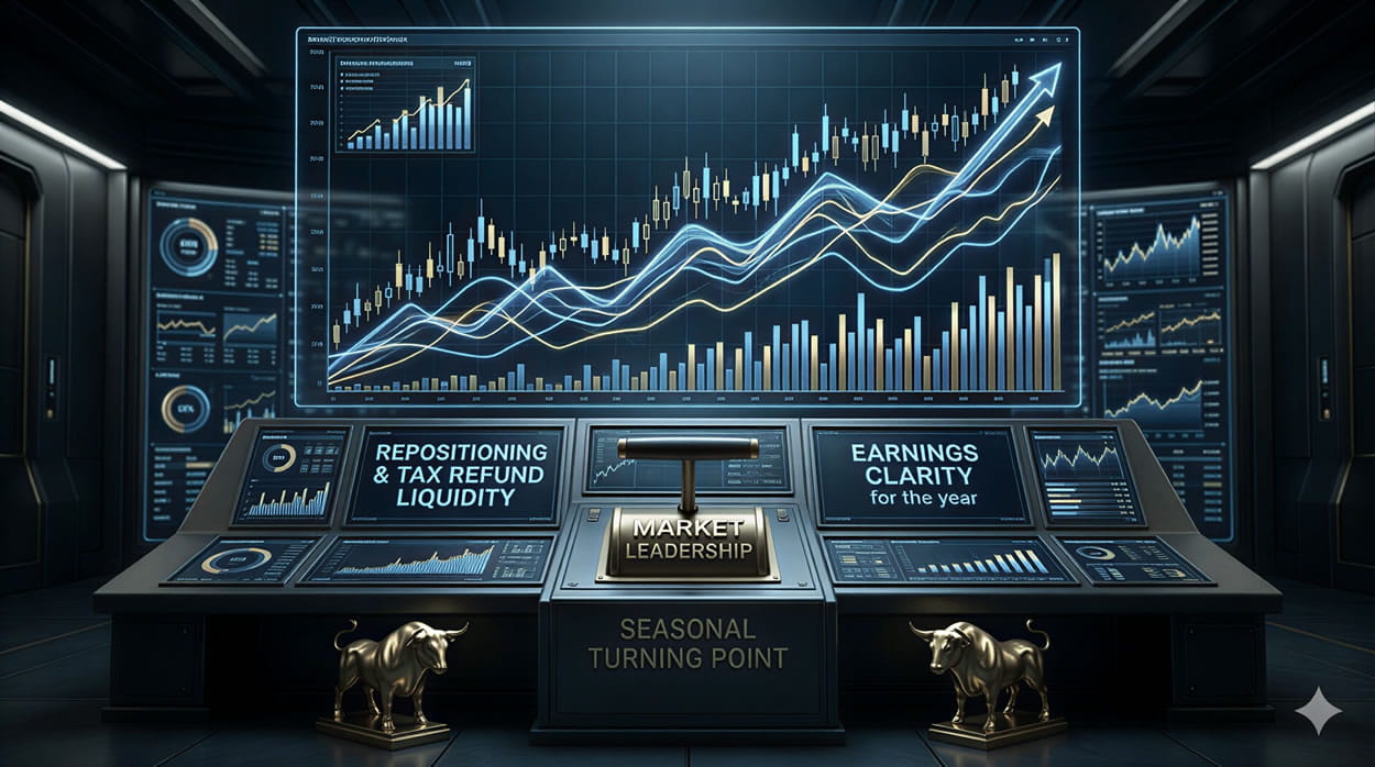 A high-definition 3D photorealistic conceptual art visualization for a blog section on 'Market Seasonality Check'. In a futuristic institutional trading vault, a grand control console holds central screens with sharp digital text reading: 'REPOSITIONING & TAX REFUND LIQUIDITY' and 'EARNINGS CLARITY for the year' engraved in embedded blue characters. A massive massive holographic chart massive chart shows complex upward-trending blue-and-gold data streams with candlestick patterns. A central massive lever labeled 'MARKET LEADERSHIP' in embedded brass text massive massive massive lever massive lever. Two small golden bull statues stand at the console base, consistent with previous brand images. No floating overlays. Engraved into massive panel 'SEASONAL TURNING POINT'. Bathing the monument in dramatic, high-contrast lighting.