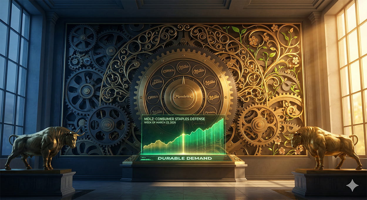 A cinematic, 3D photorealistic conceptual art visualization inside a grand shadowy corporate consumer staples vault. A wall-integrated mechanical clockwork engine, composed of dark steel gears, polished brass filigree, and intricate cogs transition from cool twilight to warm golden spring patterns. The central large brass dial features embedded brass logos for famous Mondelez brands (e.g., Oreo, Milka silhouettes). A glowing green-and-gold holographic data stream below reads 'MDLZ: CONSUMER STAPLES DEFENSE' and 'WEEK OF MARCH 23, 2026', with crisp glowing text reading 'DURABLE DEMAND'. Two small golden bull statues look inward from pedestals. High-contrast twilight lighting.