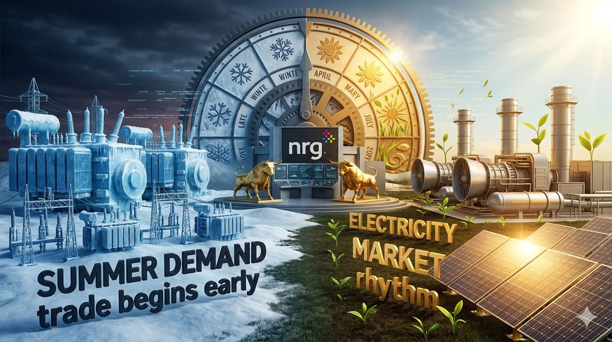 A cinematic, high-definition 3D photorealistic conceptual art visualization for a blog body section on NRG Energy (NRG). A monumental NRG energy complex is set on a landscape split visually. The left side features massive, icy blue, snowy power generators and substations with embedded dark text 'SUMMER DEMAND trade begins early'. The right side features warm, glowing golden solar panels and efficient natural gas turbines bathed in bright spring sunlight, with sprouting green shoots and embedded golden text 'ELECTRICITY MARKET rhythm'. A giant mechanical calendar transitions seasons in the background from late winter patterns on the left to warm, golden spring patterns on the right. Two sculpted golden bulls stand guard at the central complex, consistent with previous brand images. Complex data streams are integrated into the 3D dramatic environment with high-contrast twilight. No floating overlays.