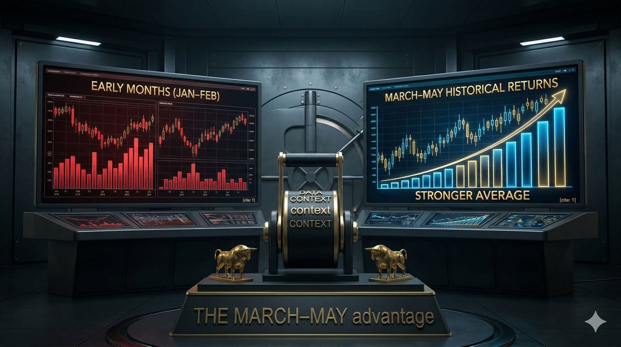 A high-definition 3D photorealistic conceptual art visualization for a blog introduction. Within a futuristic institutional trading vault, a heavy split-visualization console holds a left monitor with chaotic red static data labeled with embedded 'RANDOM NOISE' text. The right monitor shows a clear, glowing blue-and-gold upward-trending bar chart visualizations glowing blue and gold with complex candlestick patterns embedded with clear, golden text 'THE HIDDEN EDGE: Repeatable Forces'. Central massive massively mechanical massively massive massively massively massively massively massively massively massively massively massively massive massive massive mechanical lever labeled 'DRIVER'. Two small golden bull statues stand at the console base plinth. Central panel is engraved 'SEASONALITY with a DRIVER'. The entire dramatic structure is bathed in high-contrast lighting. No floating overlays.