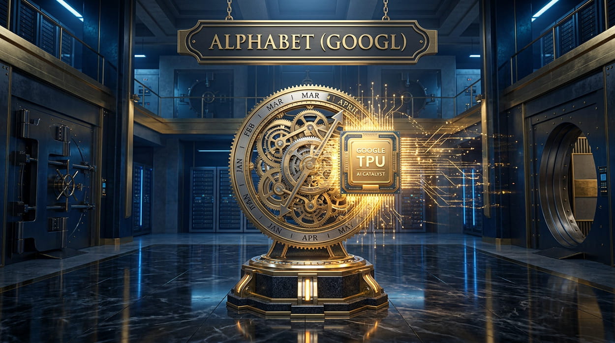 A glowing golden and steel calendar mechanism transitioning into a futuristic, glowing AI processing chip inside a blue financial vault, representing Alphabet's earnings catalyst.