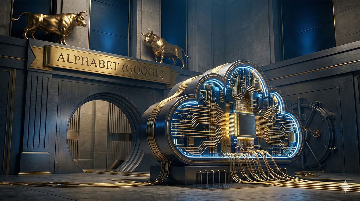 A monumental glowing blue and gold digital cloud infrastructure mechanism inside a financial vault. A brass banner reads 'ALPHABET (GOOGL)' flanked by golden bulls.