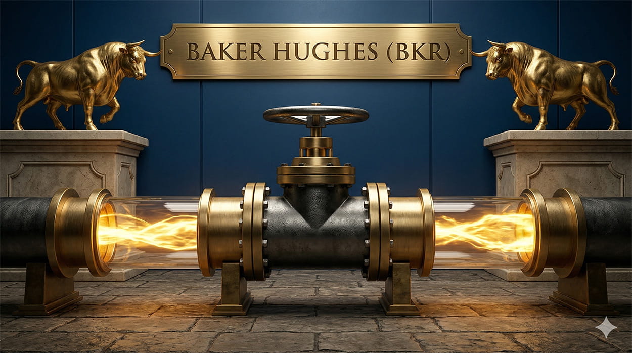 A luxurious brass and dark steel industrial energy pipeline mechanism with glowing energy inside a vault. A brass banner reads 'BAKER HUGHES (BKR)' with golden bulls.