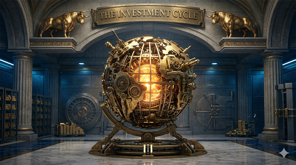 A solid golden globe constructed of heavy industrial gears and drilling components inside a deep blue financial vault.
