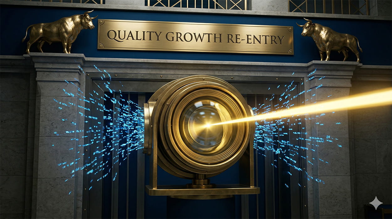 A heavy golden optical lens perfectly focusing scattered blue light into a sharp, powerful beam, representing institutional capital returning to quality tech.