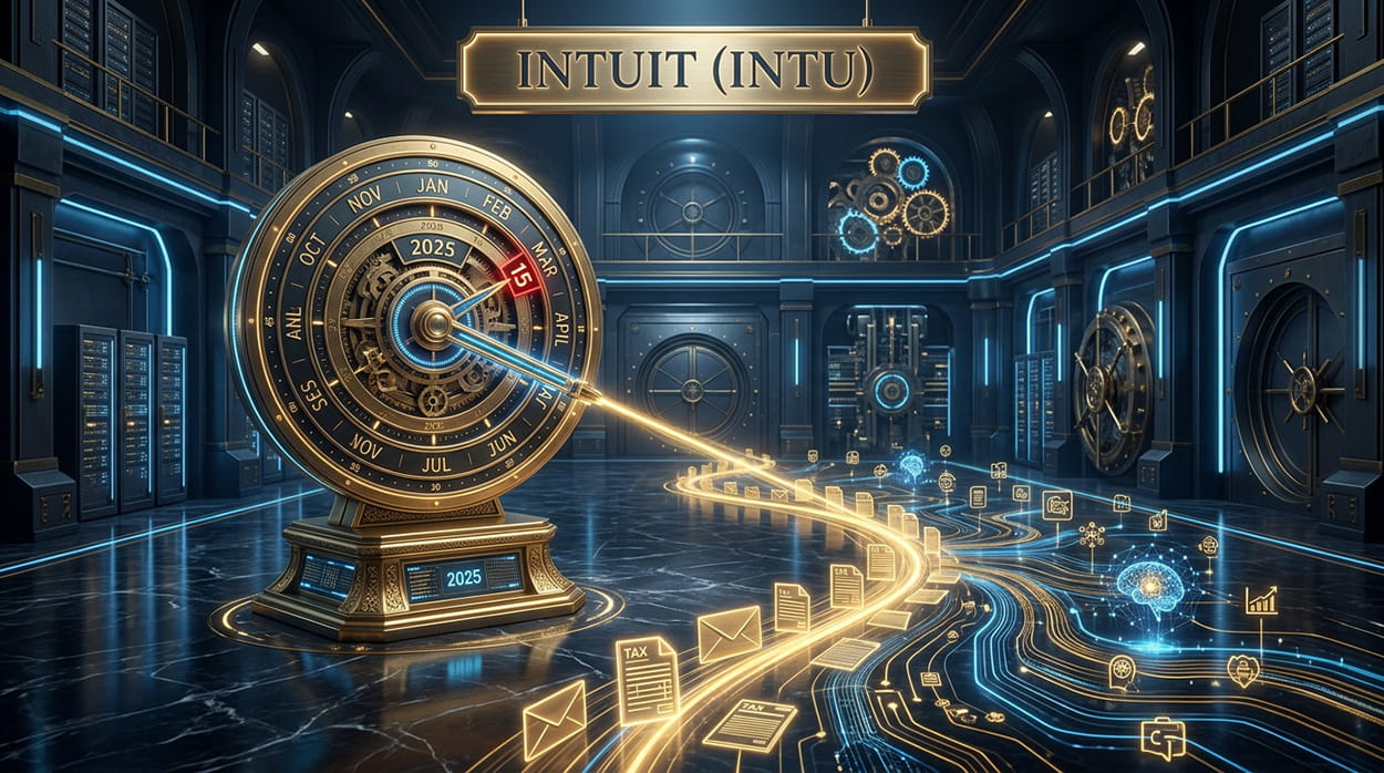 A conceptual scene inside a financial vault where a mechanical calendar dial points past April, illuminating golden tax forms and glowing AI software pathways.
