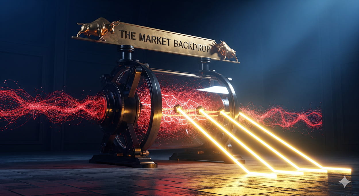 A 3D photorealistic visualization inside a grand financial vault. A heavy dark steel sorting mechanism filters chaotic red market data into three clean, upward-trending golden beams. A brass banner reads 'THE MARKET BACKDROP' flanked by golden bulls.