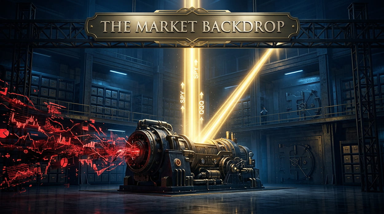 A conceptual visualization inside a financial vault showing a powerful golden beam of light labeled 'GROWTH LEADERSHIP' cutting through chaotic, noisy red data streams.