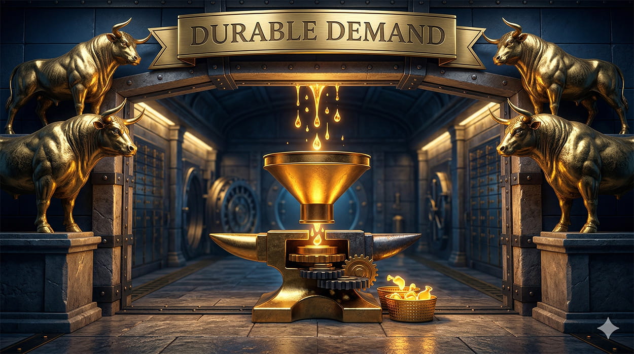 A solid golden funnel mechanism securely gathering energy, representing resilient consumer brand strength in a financial vault.