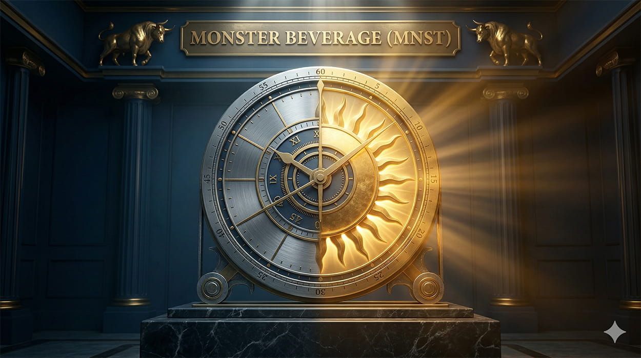 A cinematic 3D conceptual art piece in a corporate vault. A heavy mechanical calendar dial transitions from cool steel into a glowing golden summer sun motif. A top brass banner reads 'MONSTER BEVERAGE (MNST)' with golden bulls.