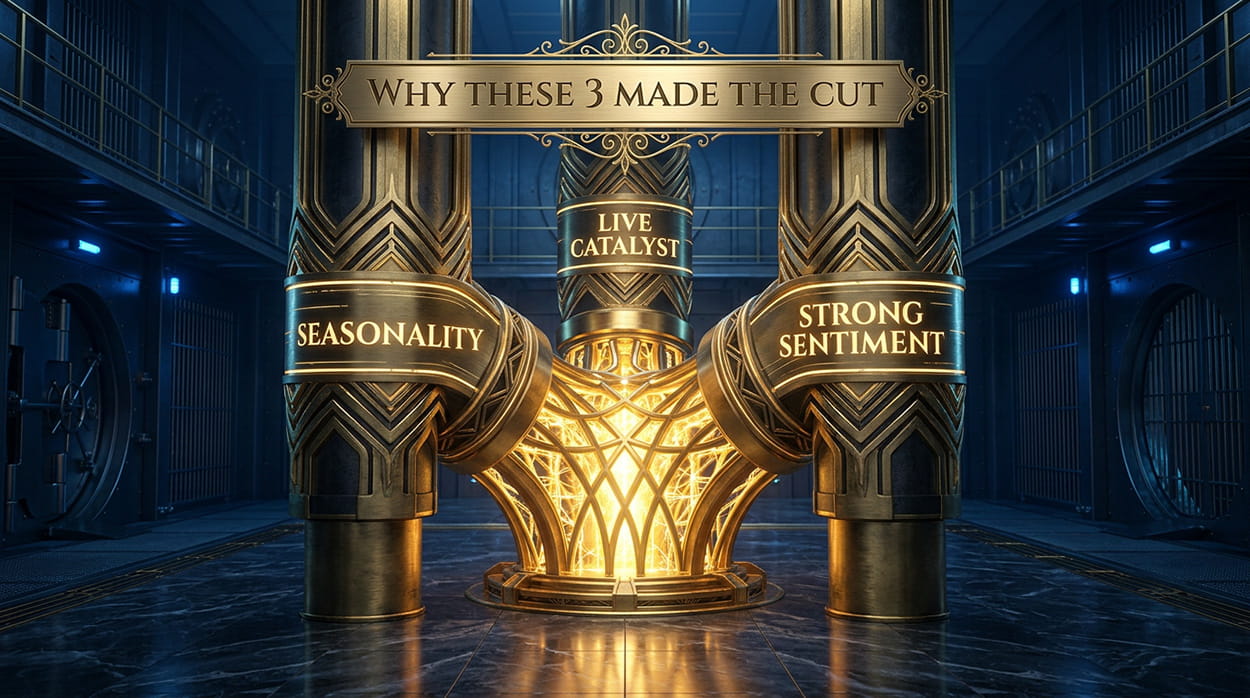 Three heavy golden geometric pillars locking together into a single unbreakable core foundation, labeled 'Seasonality', 'Catalyst', and 'Sentiment'