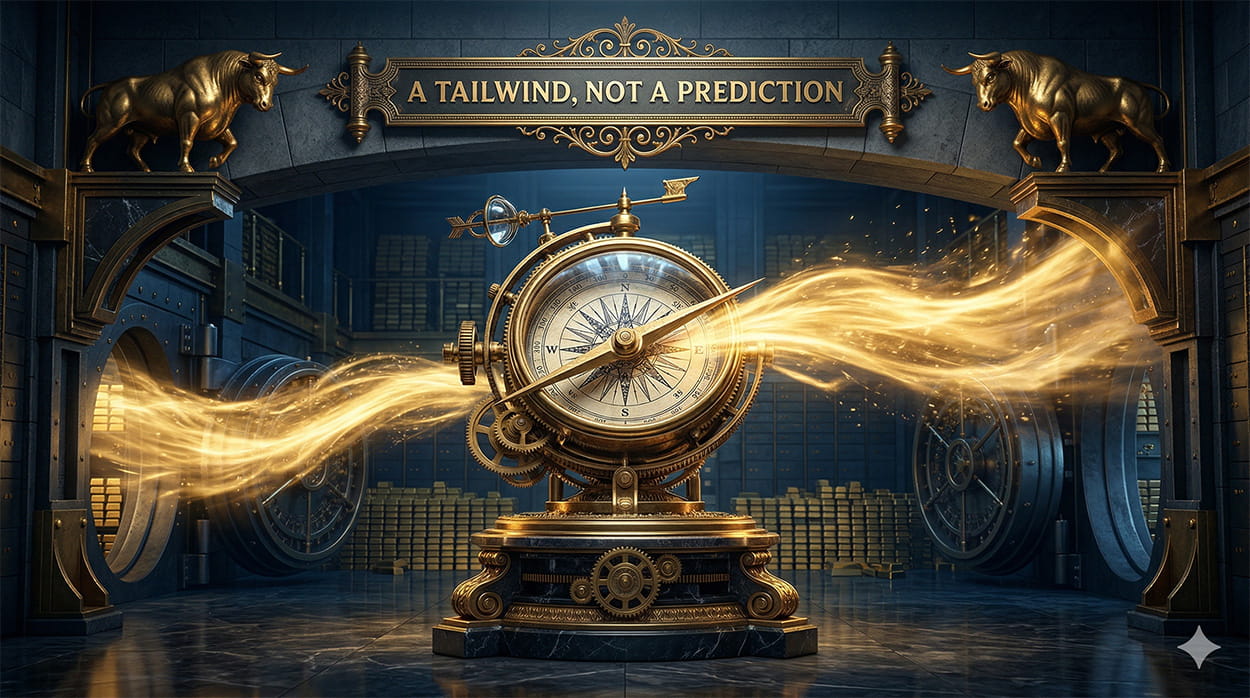 A 3D photorealistic visualization inside a grand financial vault. A heavy dark steel sorting mechanism filters chaotic red market data into three clean, upward-trending golden beams. A brass banner reads 'THE MARKET BACKDROP' flanked by golden bulls.