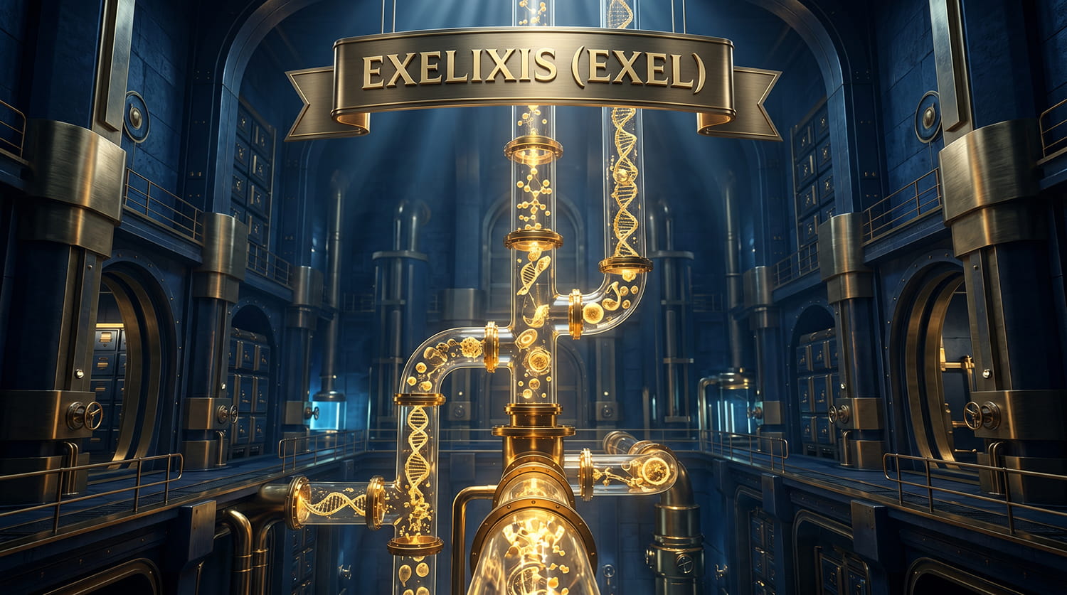 A complex golden mechanical pipeline mechanism producing glowing molecular structures inside a financial vault.
