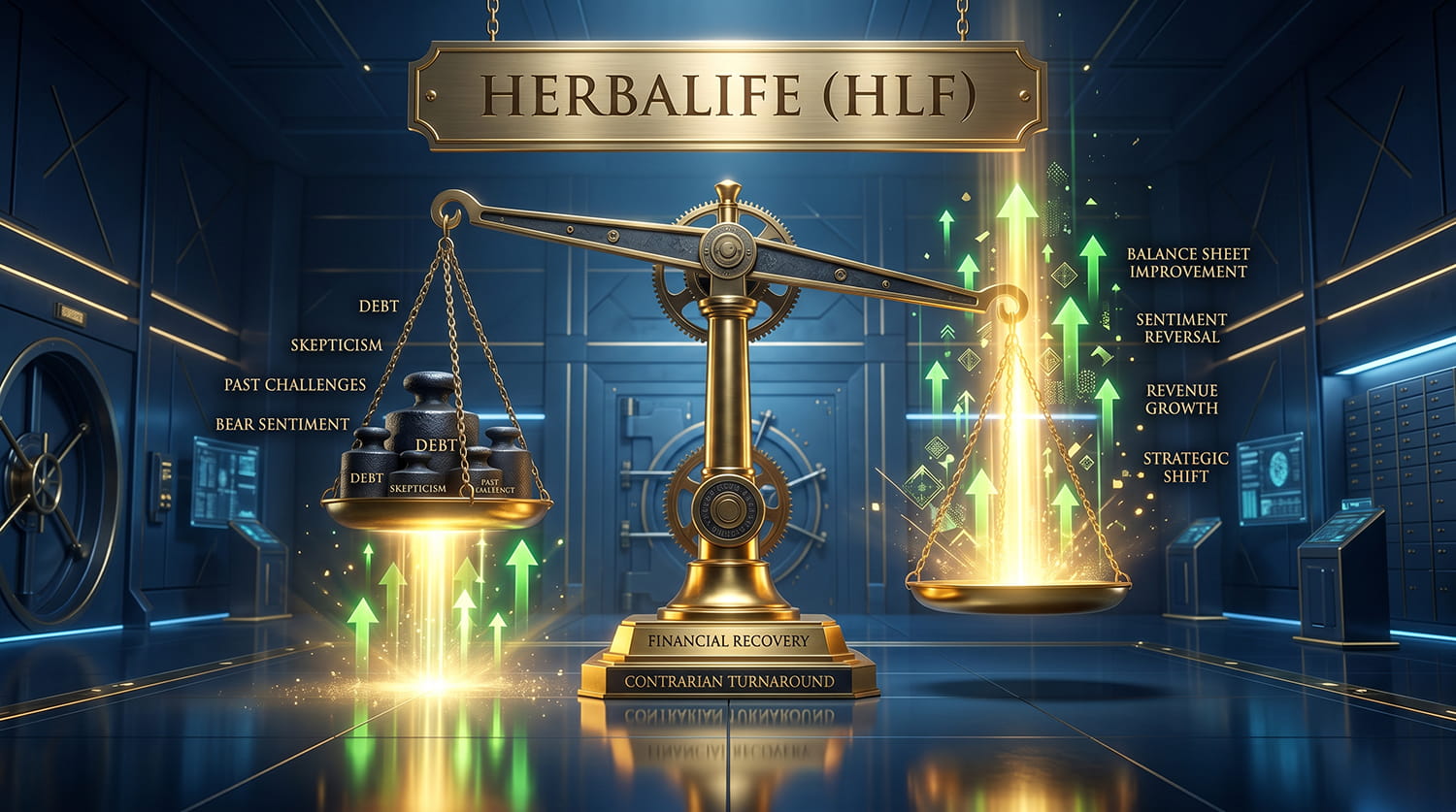 A heavy mechanical balance scale shifting from dark red weights to bright golden upward arrows inside a blue vault.