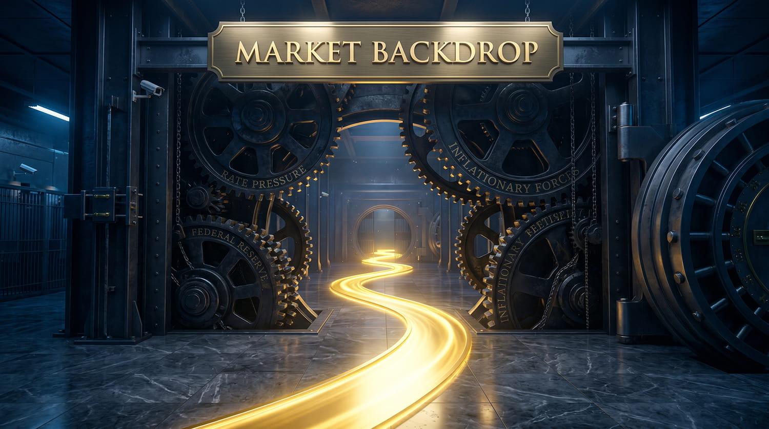 Heavy mechanical gears representing inflation easing back to reveal a smooth, glowing golden pathway inside a financial vault.