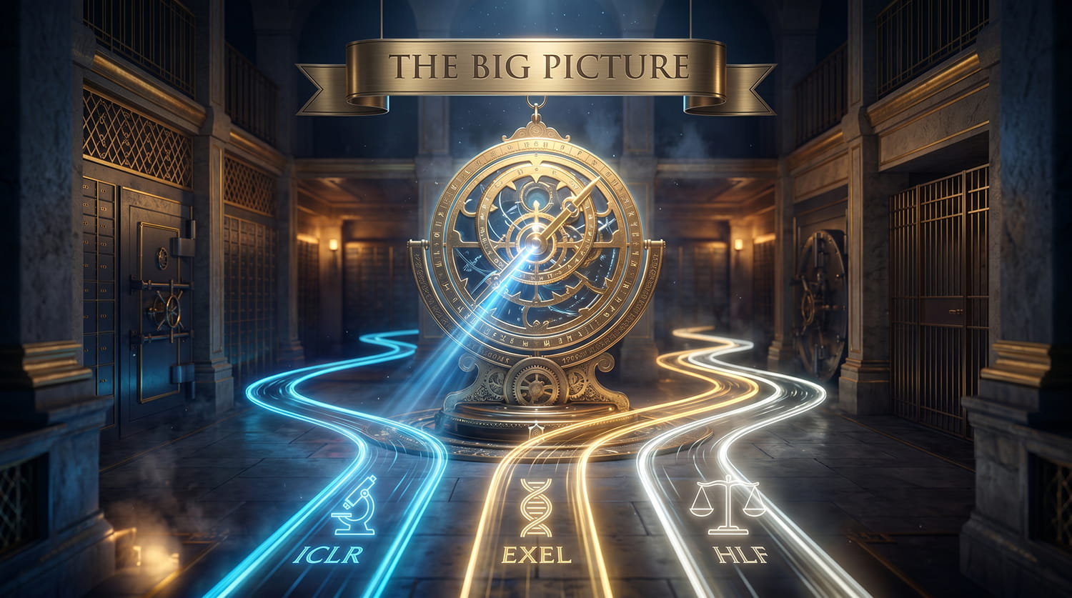 A glowing golden mechanical astrolabe projecting three distinct glowing pathways representing different stock setups.